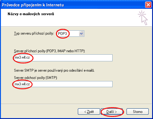 Vyplnime číselný nebo jmenný název POP3 a SMTP serveru opět podle konfiguračních parametrů